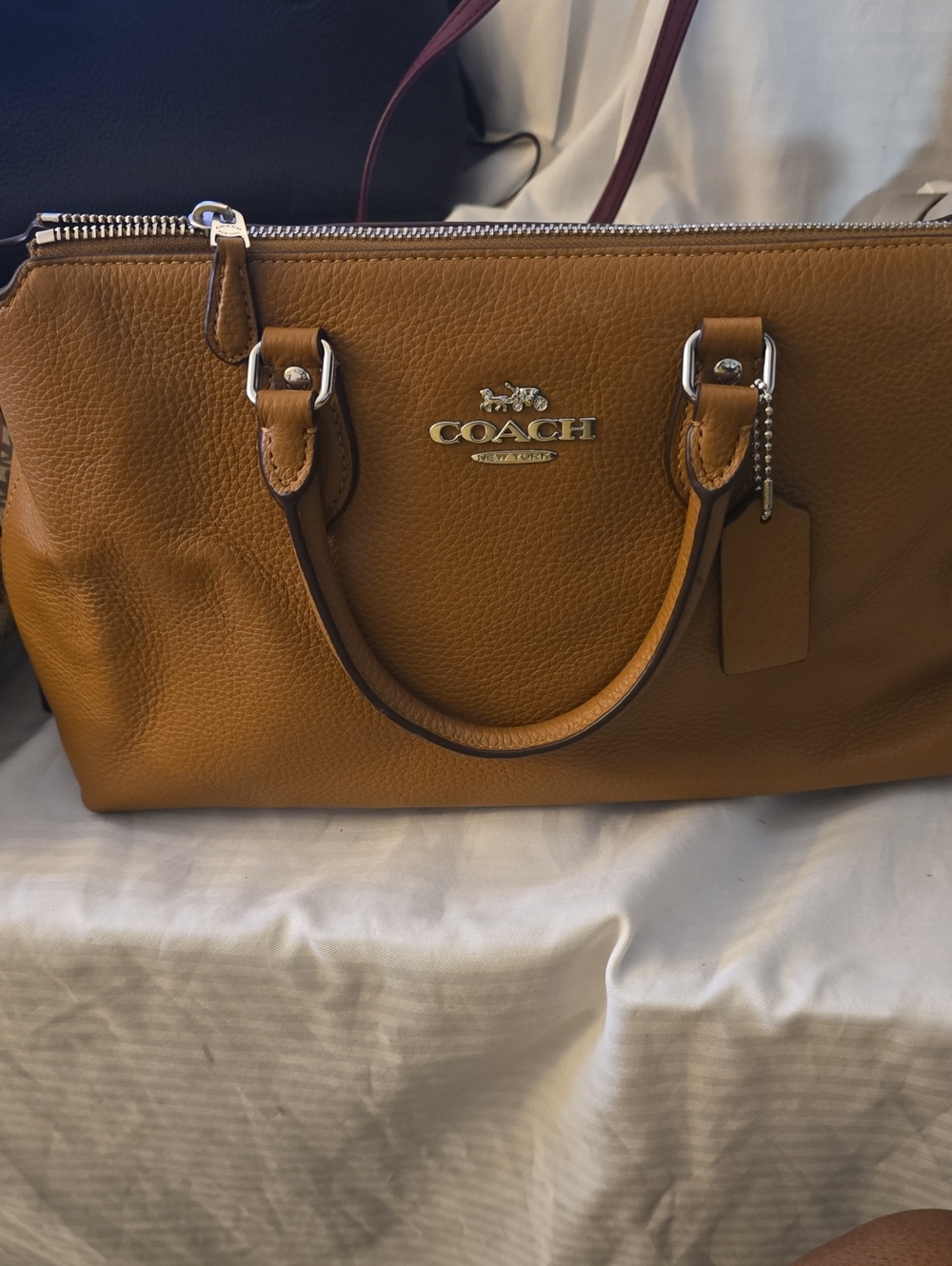 Coach Pebbled Leather Satchel in Cognac Brown with Silver Hardware
